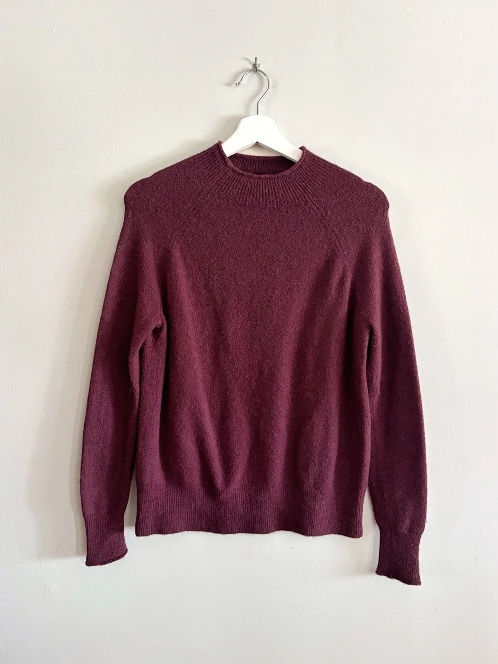 J.Crew Sweater Women XS Burgundy Merino Alpaca Rolled Neck Cuffs Quiet Luxury